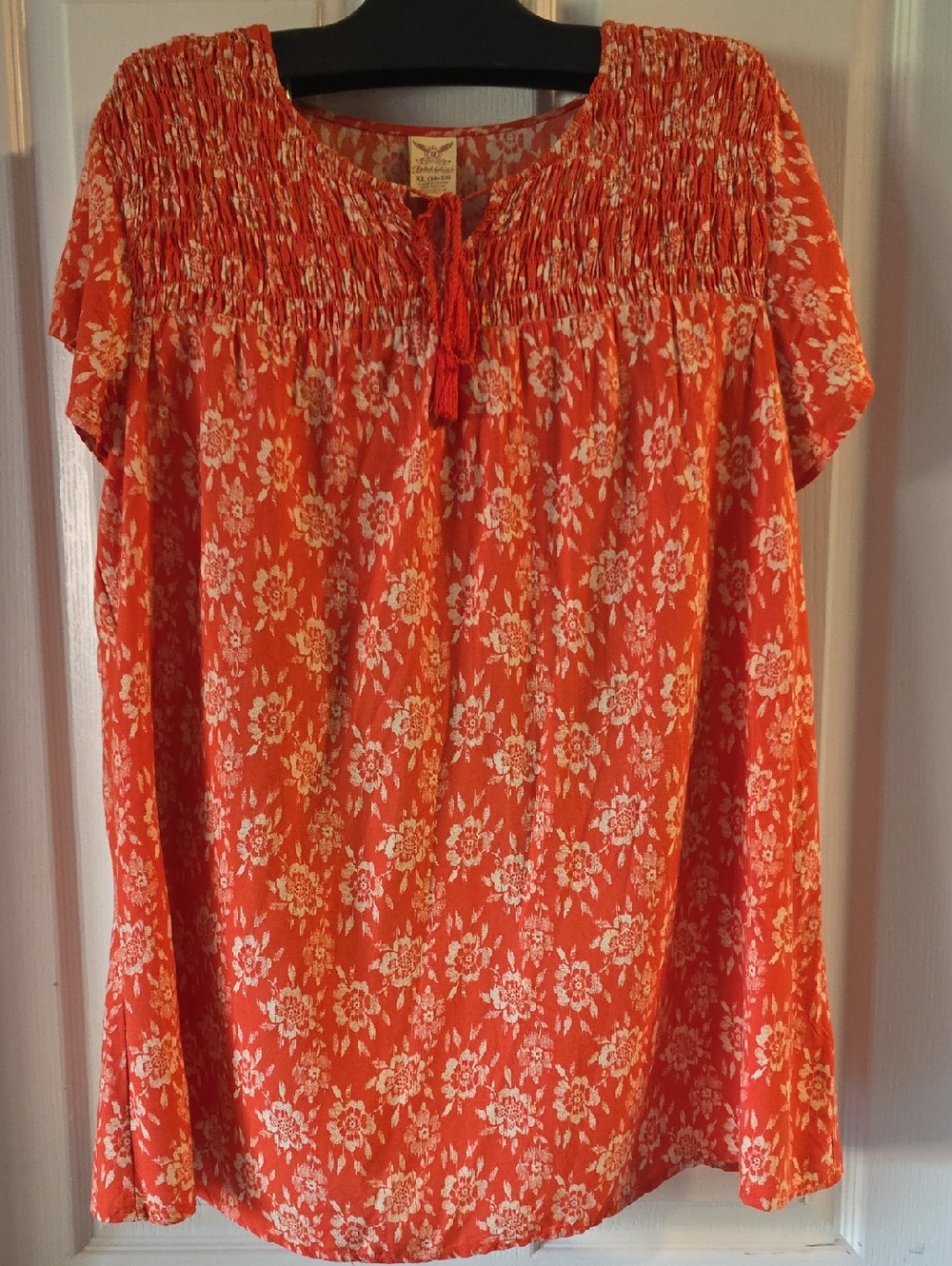 Bohemian Smocked Orange Floral Peasant Top